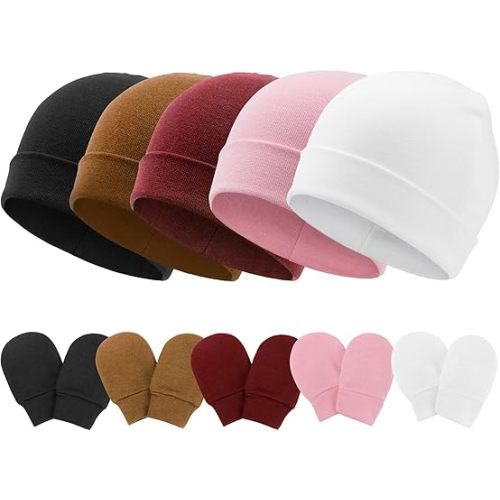 AQOKKA Baby Hats and Mittens Set Toddler Cotton Beanie Infant Cap No Scratch Gloves Newborn Hospital Hats