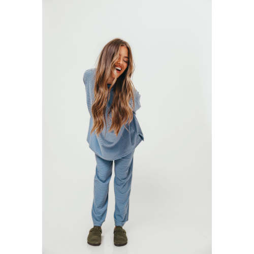 Campbell Mini Stripe Fleece Lounge Pants in Blue/Brown