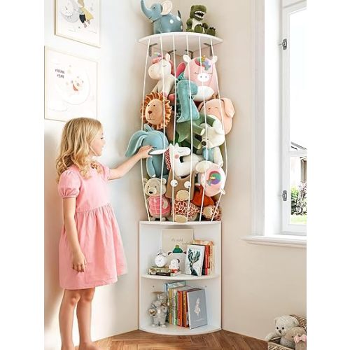 74.7" H Stuffed Animal Storage with 2-Tier Corner Bookshelf - Wall Mount Height Adjustable Plush Toy Organizer, Wooden Kids Bookshelf for Small Spaces Nursery Playroom Kids Room, White