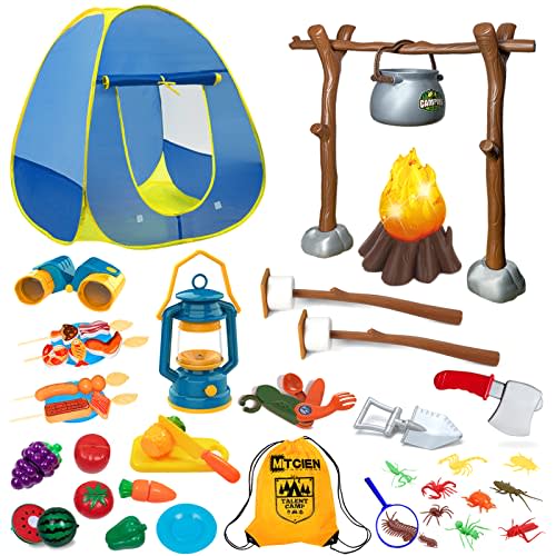 Kids Camping Set with Campfire, Play Tent , Binoculars, Oil Lantern, Toddlers Pretend Cutting Fruits, Marshmallow, Camping Toys Play Set for Boys Girls 3-5 Year Old and Up Indoor Outdoor Toys