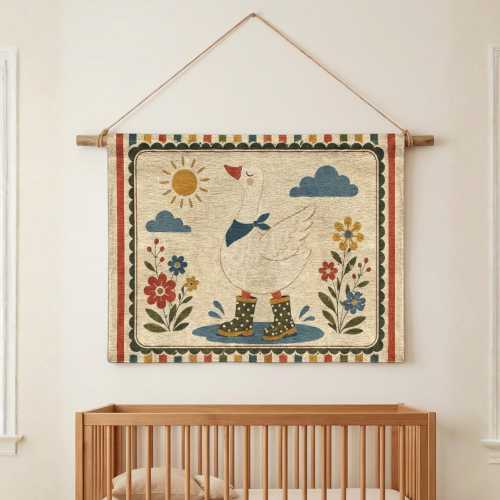 Whimsical Goose Nursery Woven Tapestry, Moon and Stars Wall Hanging, Folk Art Baby Room Decor