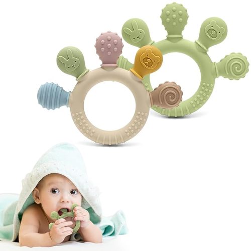 Silicone Teether for Babies 2-Pack – Soft & Easy Grip Teething Toys for Infants & Toddlers – 100% Food Grade Silicone, CPC Certified, BPA-Free Gum Soothers (Palm Teether/Colorful & Green)