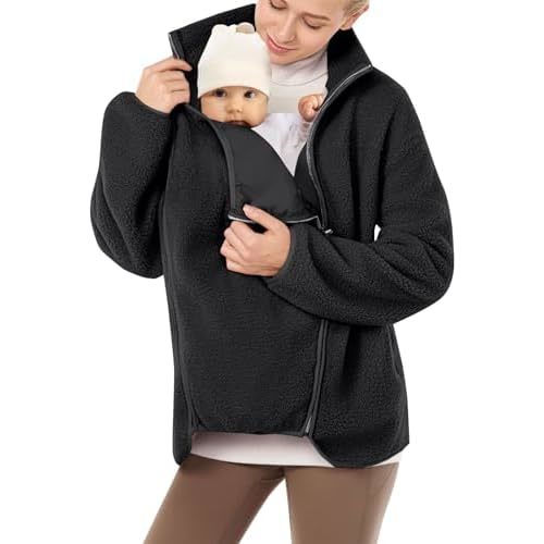 qvdvap Women's Fleece Jacket with Baby Carrier Pocket, Warm Maternity Coat for Mom, Zip up 2-in-1 Baby Wearing Outerwear