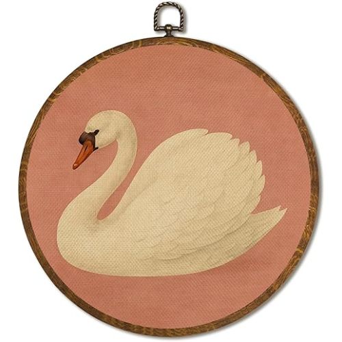 Vintage White Swan Wall Art Decor 10x10 Inch Framed - Dark Moody Gothic Decor, Aesthetic Circular Art for Home Living Room, Unique Gift for Swan Lover, Neutral Retro Artwork (Pink Swan6)