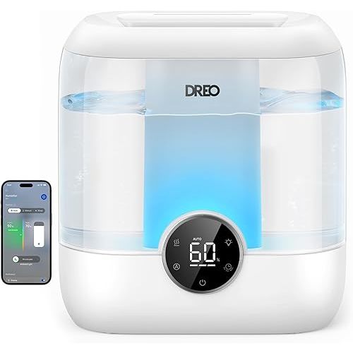 DREO Smart Humidifiers for Bedroom, 6L Top Fill Supersized Cool Mist Humidifier for Large Room, 60 Hour Runtime, Quiet Ultrasonic Humidifiers for Plants, Indoor, Home, Night Light, White