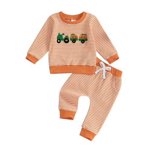 DSOKUHIB Toddler Baby Boy Halloween Outfit Pumpkin Ghost Embroidery Striped Sweatshirt Long Pants Set Fall Winter Clothes