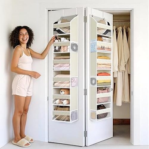 Ultra Slim Over the Door Hanging Organizer, 6 Clear Pockets and 6 Mesh Pockets, 11.8” Wide for Narrow Cabinet Doors, Pantry, French Doors in the Bathroom, Closet, RV, Kitchen, 2-Pack