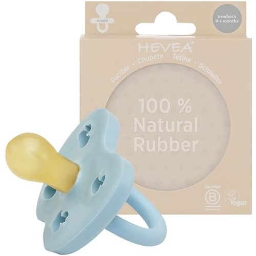 HEVEA Natural Rubber Pacifier Round Newborn 0+ Months – Hygienic One Piece Design for Newborns to Toddlers, BPA-Free, Soft & Durable – Single-Pack (Baby Blue)