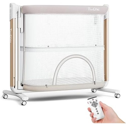 Electric Baby Bassinet, 7 Height Adjustable Rocking Bassinet for Baby, Auto Infant Sleeper with Timer, 12 Lullabies, Wheels, Smart Rocking Crib for Newborns, Beige