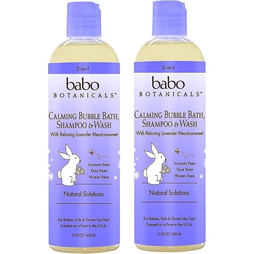 Babo Botanicals Natural Lavender Meadowsweet 3 in 1 Baby Bubble Bath Shampoo Wash - Sulfate Free, 15 Ounce - 2 PACK