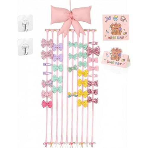 HAYVAN Bow Holder for Girls Hair Bows - 31.5"x11" Pink Bow & Hair Clip Organizer with Hanging Hook & Gift Card, Baby Bow Organizer and Nursery Room Decor