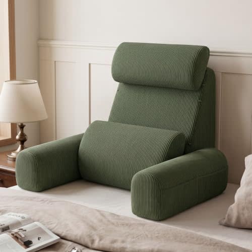 Blissful Diary Reading Pillow with Adjustable Neck & Lumbar Support, Green | 21" Back Pillow with Armrests for Bed Sitting Up, Watching TV, Gaming and Relaxing, Big Pockets & Washable Cover