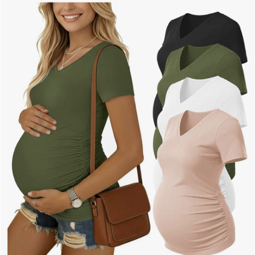 Ekouaer 4 Pack Maternity Shirts V Neck Maternity Top Short Sleeve Casual Tee Side Ruched Pregnancy Clothes