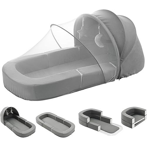 Todldler Baby Travel Bassinet Bed & Chair, Fold Out Sofa Couch Lounger with 2-1 Mosquito & Canopy, Foldable Portable Travel Cot with Foam Raised Safety Bumpers for Infant Toddlers 0-36 Months (Grey)