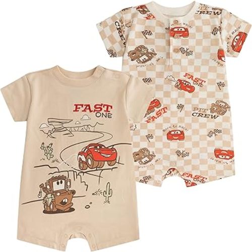 Disney Cars Winnie the Pooh Mickey Mouse Stitch Baby Boys 2 Pack Romper for Newborn and Infant