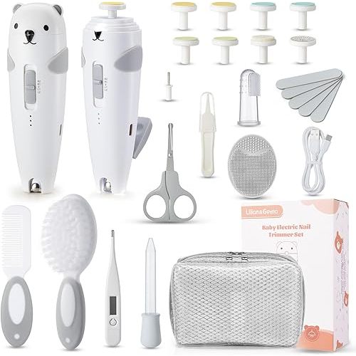 Lilian&Gema Baby Healthcare and Grooming Kit, 28-in-1 Rechargeable Nail Trimmer Electric Set, Dual Auto Light Baby Nail Care Kit, Portable Newborn Nursery Health Care Set for Infant Toddlers Boy Girl
