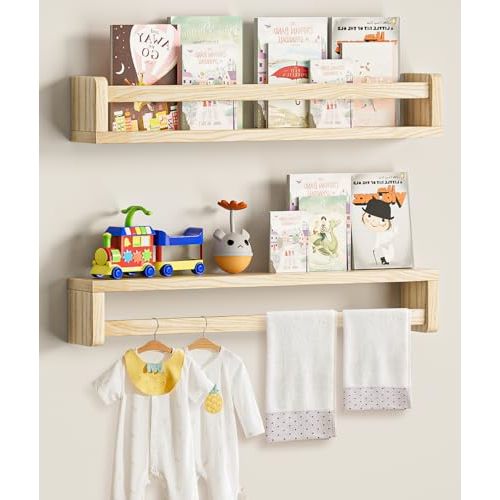 QimCoor 23.6 inch Kids Bookshelf, 2Pack Floating Bookshelves for Wall, Solid Wood Nursery Book Shelves, Wall Shelves for Living Room Bedroom Decor, Natural