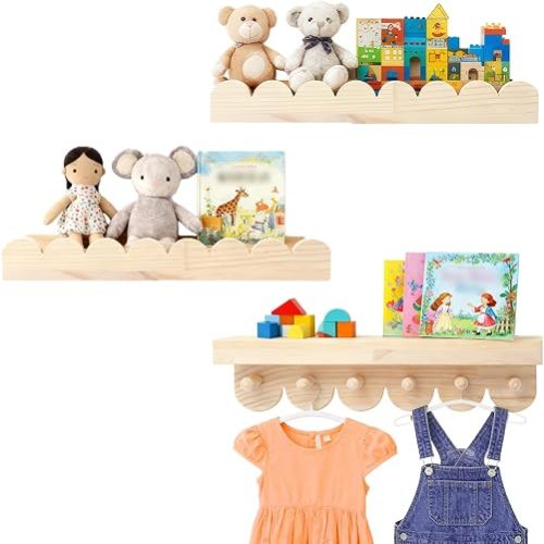 Nursery Book Shelves, 3PCS Wooden Scalloped Shelves with Round Hooks, Floating Shelves Wall Mounted Organizer for Bedroom, Living Room Decor