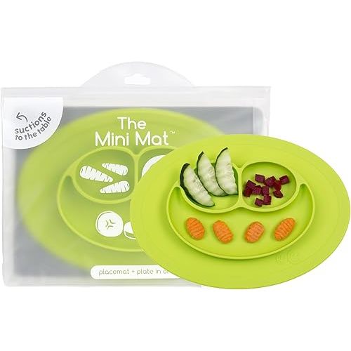ezpz Mini Mat for 12 Months+ (Lime) - 100% Silicone Baby Plates with Suction and Built-in Placemat for Infants + Toddlers - Baby Led Weaning - for Highchair, Dining Table and Travel