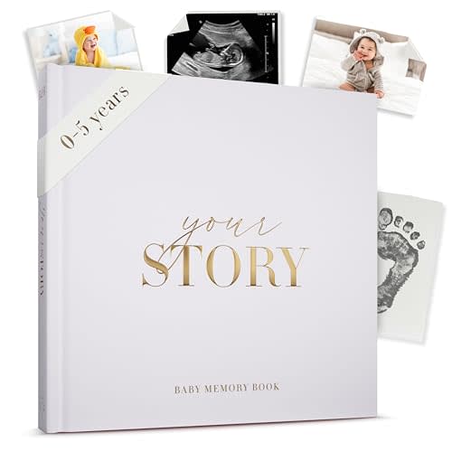 Baby Memory Book & Keepsake Journal for Boys or Girls | Baby Book from Birth to Age 5 | Gold Foil Hardcover, Photo Spaces & Milestones | Unisex Baby Scrapbook