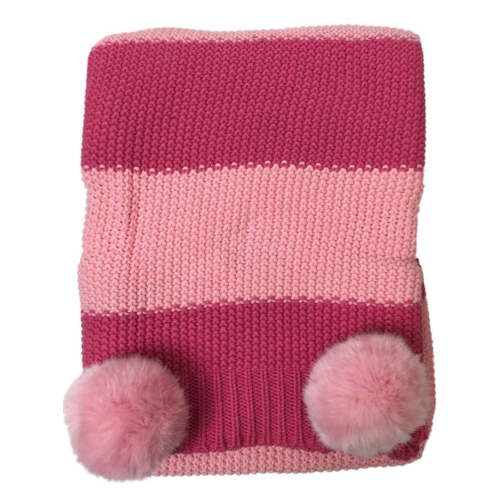 Pink Stripe Sweater Knit Throw Blanket with Faux Fur Poms, Soft & Cozy Warm