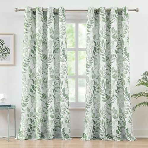 Green Leaf Print Linen Curtains for Living Room 84 inch Length Botanical Sheer Curtain Panels Natural Texture Soft Touch Light Filtering Privacy Window Drapes, 55" Wide, 2 Panel