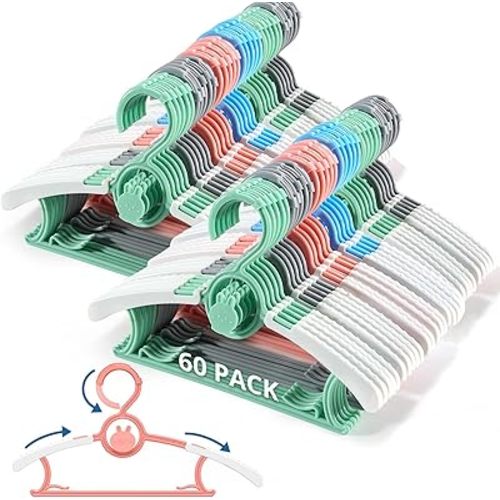 60Pack Kids Hangers, Extendable & Stackable Baby Hangers, Mix-Colors Toddler Hangeres for Toddler Children Kids Teen, 11~14Inch Non-Slip Plastic Kid Hangeres, Babys Clothes Hanger