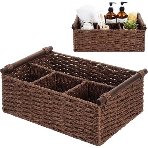 Brown Bathroom Countertop Organizer Caddy, Wicker-like Divided Basket with Handle and Metal Frame, 4 Compartment, Paper Rope Storage Organizer for Vanity Kitchen (10.24 x 7.87 x 3.94 in)