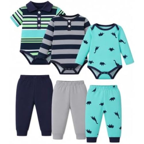 Jecson Baby Boy Clothes 6 Piece Stretch Bodysuit and Pants Outfit for 0-12M