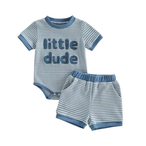 Mamas Boy Baby Clothes Summer Newborn 3 6 9 12 Months Striped Waffle Knit Short Sleeve Romper Shorts Set Outfit