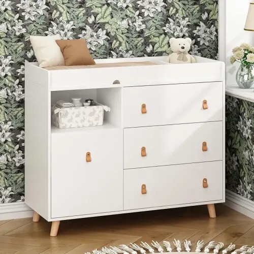 Baby Dresser Changing Table with Drawers,Shelf,Hidden Laundry Basket Storage,2 in 1 Nursery Dresser Chest for Infants, Baby Diaper Changing Station for Daycare,Bedroom,White
