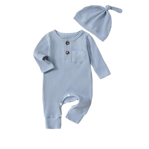 QUEKRE Newborn Baby Boy Girl Clothes Infant One Piece Rompers Solid Ribbed Knit Hat Long Sleeve Clothing Set