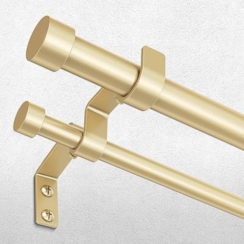 Gold Double Curtain Rod, 36 to 72 Inch Dual Curtain Rods with Aluminium Modern End Cap Finials, 1 Inch Adjustable Heavy Duty Window Treatment Rods, Telescopic Metal Double Drapery Pole Set