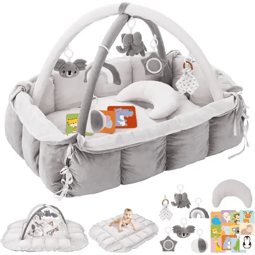 5-in-1 Plush Baby Play Gym, Baby Play Mats, Convertible Baby Gym with Pillow, Tummy time mat, Baby&Ped Bed, 6 Sensory Toys, Baby Activity Center from Newborn to Toddler, Cat&Dog Bed, Ball Pit, Grey