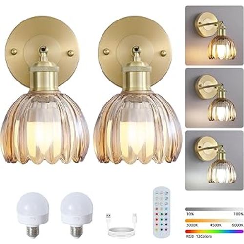 Battery Operated Wall Sconces Set of Two, Vintage Rechargeable Gold Wireless Lights with Amber Tulip Glass Shade & Remote, Dimmable LED Wall Lamp for Bedroom Living Room