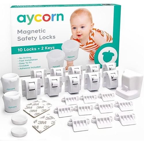 AYCORN Safety Magnetic Child Locks for Cabinets (10 Locks & 2 Keys), Baby Proofing Cabinet Locks for Doors and Drawers 10 Pack - Easy Install No Screws or Drilling Toddler Child Proof Cabinet Latches