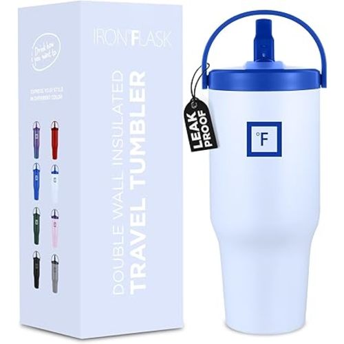 IRON °FLASK Sidekick Insulated Water Tumbler w/Straw & Foldable Handle - Stainless Steel Leak-Proof Bottle, Non-Slip Base & Fits Cup Holders for Hot, Cold Drinks - Travel Mug - 30 Oz, Arctic Blue