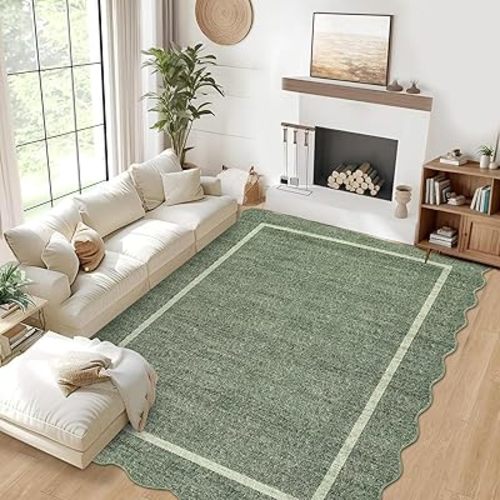 GarveeHome Scalloped Washable Area Rug 8x10 Rug for Living Room Modern Rug Non Slip Throw Rugs Large Rugs for Bedroom Low Pile Non Shedding Stain Resistant Carpet for Dining Room 8'x10' Greyish Green