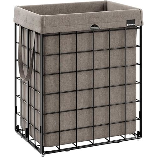 SONGMICS Laundry Hamper, 23.8 Gal. (90L) Laundry Basket, Collapsible Clothes Hamper, Removable and Washable Liner, Metal Wire Frame, for Bedroom Bathroom, Black and Camel Brown ULCB190N01