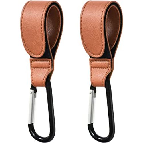 Stroller Hooks for Hanging, 2 PCS Durable Leather Style Stroller Clip Straps, Baby Stroller Hooks for Diaper Bags Grocery Shopping Bags, Mommy Hook for Stroller (Brown)