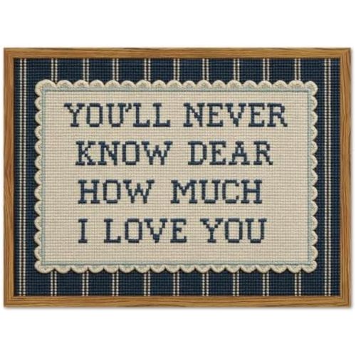 Framed You'll Never Know Dear How Much I Love You Wall Art, Vintage Nursery Blue Striped Pictures Wall Decor, Inspirational Quote Paintings Canvas Prints for Baby Boy Bedroom Living Room 12x16 inch