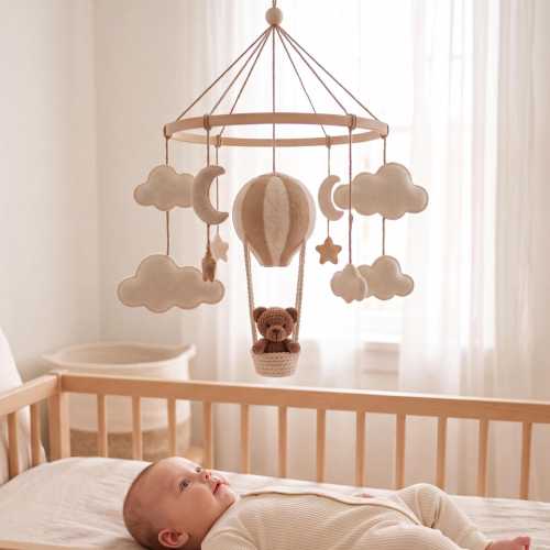 Hot Air Balloon Nursery Mobile, Teddy Bear Crib Mobile, Neutral Nursery Decor, Cloud Moon Star Mobile, Baby Shower Gift, Newborn Baby Gift