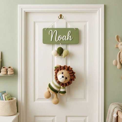 Personalized Crochet Lion Nursery Door Sign, Custom Baby Name Wall Hanging, Safari Nursery Decor, Baby Room Name Plaque, Baby Shower Gift