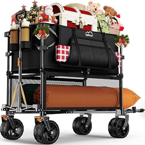 Foldable 50''L Extra Long Double Decker Wagon for Sport, 400L Collapsible Heavy Duty Wagon Cart with Big Wheels, Utility All-Terrain Large Extender Cart for Outdoors