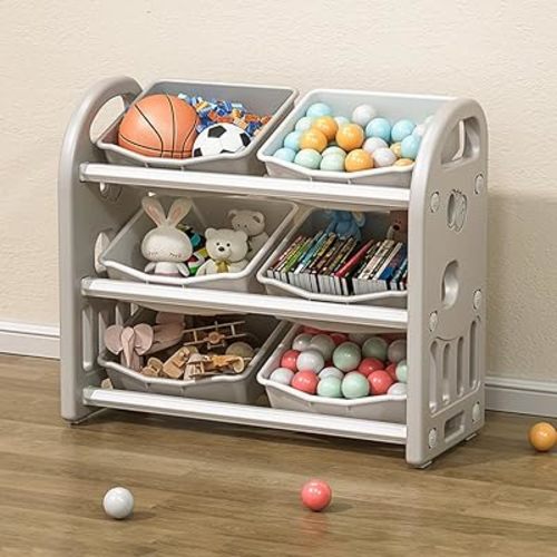 Kids Toy Storage Organizer, 3-Tier Shelves Multi-Functional Kids Storage Organizer with 6 Removable Bins Large Storage Capacity for Boys Girls Bedroom Playroom, Nursery (Grey)