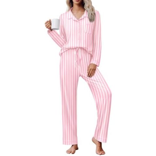 Ekouaer Women's Pajama Set Long Sleeve Lounge Set Soft Button Down Pjs