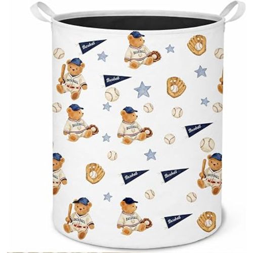 Baseball Bear Nursery Laundry Basket, Baseball Lovers Players Gifts Laundry Hamper Waterproof Collapsible Clothes Toys Storage Basket for Boys Nursery Playroom Bedroom Bathroom