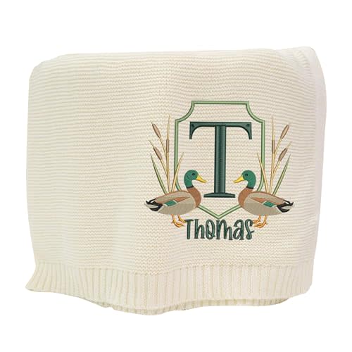 SWaddle AN Mallard Ducks Crest Embroidered Knit Blanket, Custom Baby Name Blanket for Boy, Personalized Outdoor-Themed Nursery Keepsake Gift