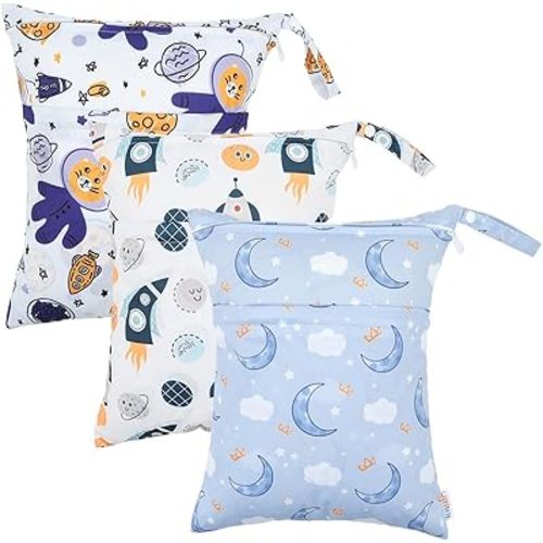 ALVABABY 3 Cloth Diaper Wet Dry Bags Waterproof Reusable with Two Zippered Pockets Travel Beach Pool Daycare Soiled Baby Items Yoga Gym Bag for Swimsuits or Wet Clothes Small Medium Large 3L-ZM28