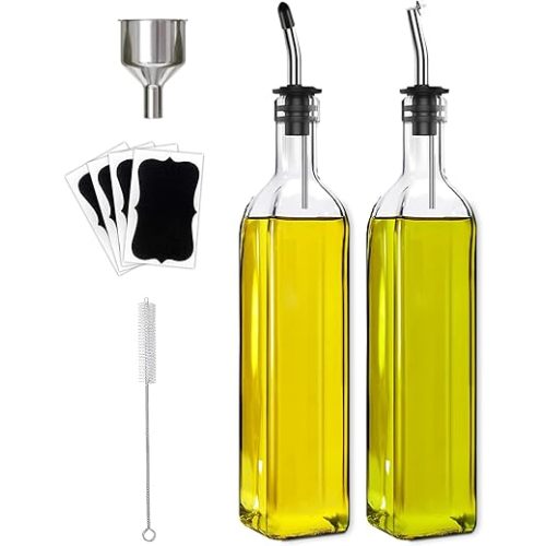 Leaflai Olive Oil Dispenser Bottle, 2 Pcs Glass Olive Oil Dispenser and Vinegar Dispenser Set with 2 Stainless Steel Pourers, 4 Labels,1 Brush and 1 Funnel Oil Bottles for Kitchen (500ml)
